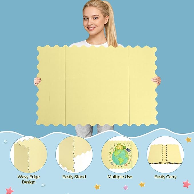 Mooliwe 4 Pack 21" x 14" Trifold Poster Board Macaron Colors Corrugated Scalloped 3 Fold Small Display Boards Foldable Business Paper Board for Presentation Science Fairs Event School Projects