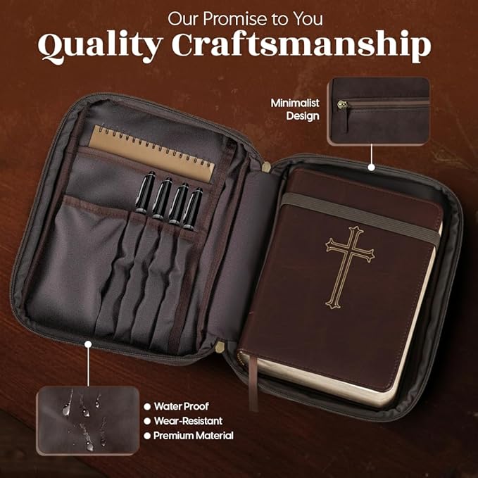 Leather Bible Cover Case - Premium Bible Cover for Men Featuring Soft Suede Lining & Multiple Pockets - Secure Carry Handle & Bookmark Ribbon - Essential Mens Bible Case for Daily Devotion