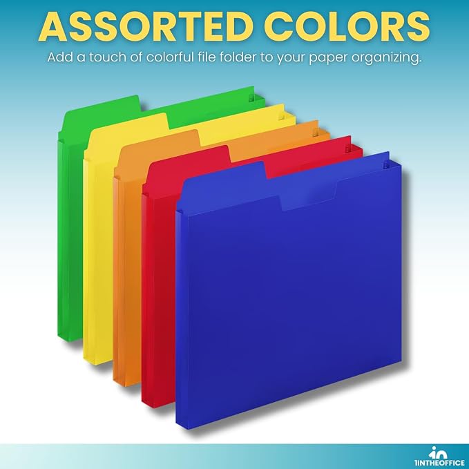 1InTheOffice File Jackets Letter Size, File Pocket Folders, Plastic File Jackets, 1/3 Cut Tab, 8.5" X 11", Reinforced, Assorted Colors, 5 Pack