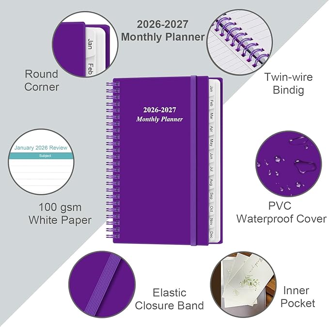 2026-2027 Monthly Planner - January 2026 - June 2027, Two Pages Per Month, 18 Monthly Calendar/Planner with Tabs, Strong Twin-Wire Binding, Inner Pocket, 3.75" x 6.5", Teal Flower