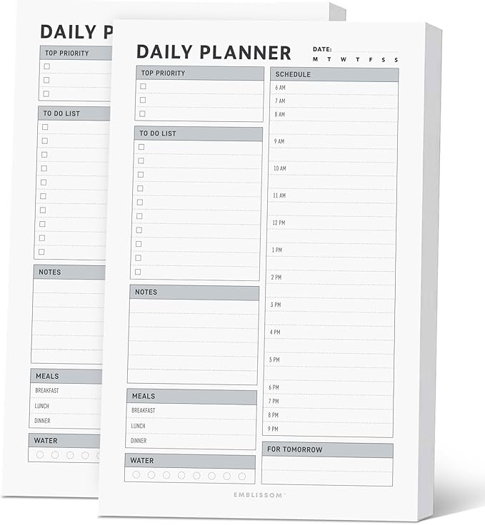 Daily Planner Notepad, 5.5 x 8.5" Tear-Off Pad – 70 Undated Sheets Focus-Enhancing Desktop Organizer with Hourly Schedule, To-Do List for Work, School (White, Checkbox, 2 Pack)