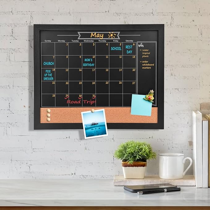 Chalkboard Calendar and Bulletin Combo Board. 13" x 17" Black Wooden Frame，Magnetic Chalkboard.Perfect for Office, Home School Message Board,HBZHB-BK3442-US