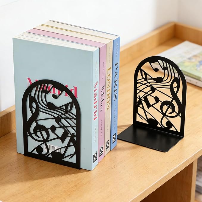 Book Ends, Bookends, Book Ends for Shelves, 2Pair Non Skid Metal Book Divider Decorative Holder, Abstract Art Desgin Book Stopper Supports for Office, Home (Music Note)