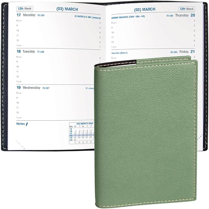 Quo Vadis 2026 Sapa X - Weekly Planner - 12 Months, Jan. to Dec. - 3 1/2 x 5 1/4" - Grained Faux Leather Club Sage Covers - Productivity Time Management Organizer
