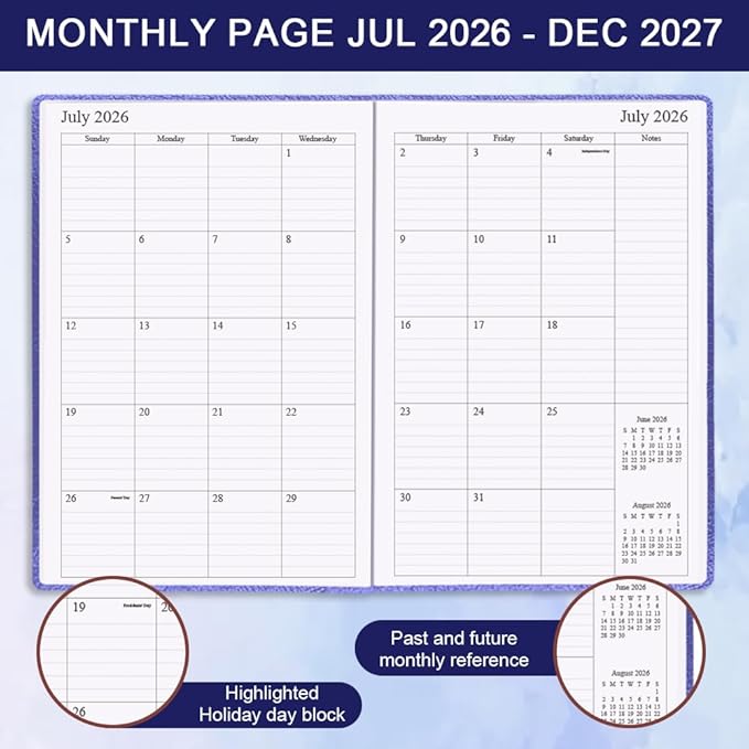 2026-2027 Planner - Weekly & Monthly Planner Runs from July 2026 to Dec 2027, 5.8" x 8.25", 18 Months Planners, 14 Notes Pages, Inner Pocket, PU Leather Hard Cover, Blue Monthly Planners 2026-2027