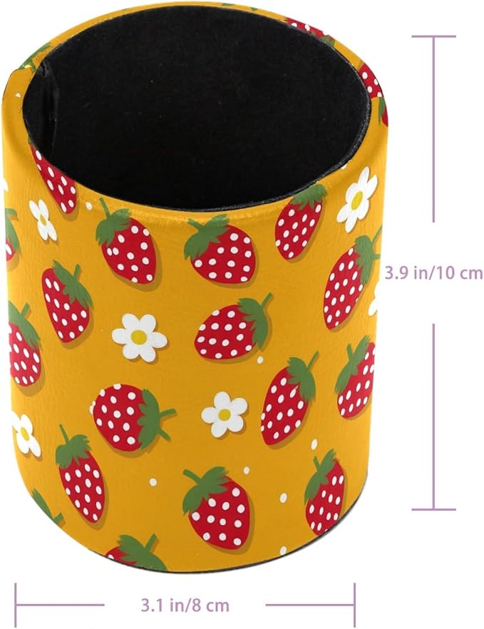 Strawberry Daisies Pen Holder Pencil Organizer Cute Pencil Cup Desk Decor Makeup Brush Holder PU Multifunctional Office Supplies for Home Classroom School