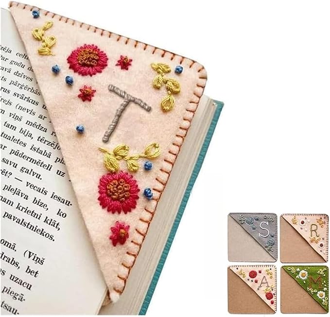 Personalized Hand Embroidered Corner Bookmark, 26 Letters Cute Flower Embroidered Corner Bookmark Embroidery Book Marker Clip for Book Lovers Bookmarks for Reading Lovers Meaningful GIF (Fall, T)