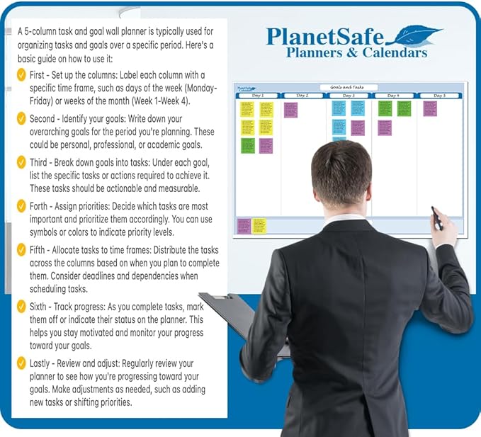 Sky Blue 5-Column Dry-Erasable Task, Goals & Objectives Wall Organizer Planner 24" tall x 38" wide - Horizontal. Complete with Marker and Eraser