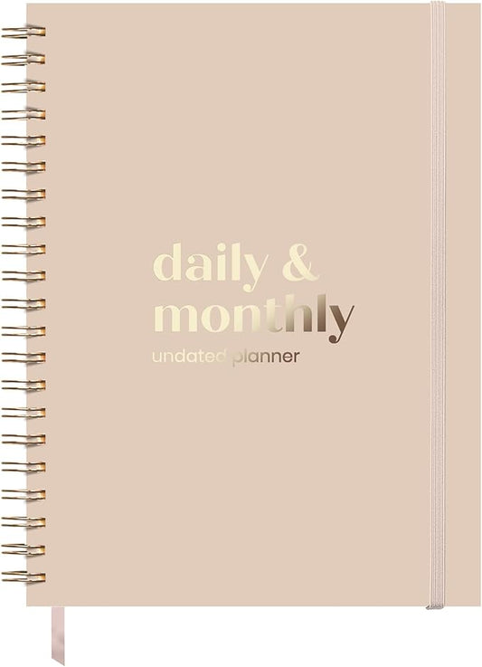Undated Daily & Monthly Planner 2026-2027 | Hourly Schedule | Large 8.5" x 11" | Daily Work Planner with Full Page Per Day, To Do List, Time Blocking, Beige Hardcover Spiral Notebook