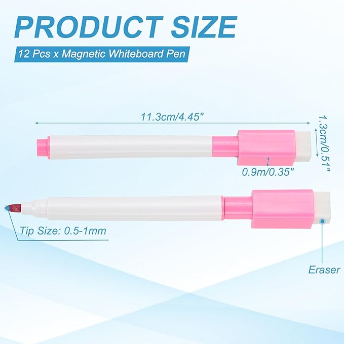 PATIKIL Whiteboard Pen, Fine Tip Dry Erase Rose Red White Board Markers with Eraser Whiteboard Calendar Supplies for Classroom Office, 12 Pcs, 0.5-1mm Tip