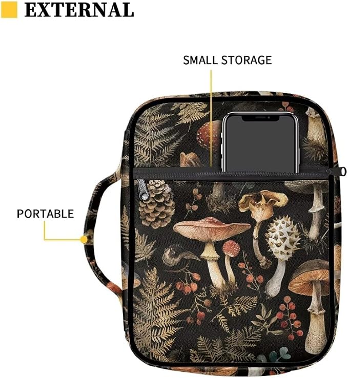 Coldinair Vintage Mushroom Bible Covers Bag for Men Women,Carrying Book Case Church Bag Bible Holder with Handle and Zippered Pocket