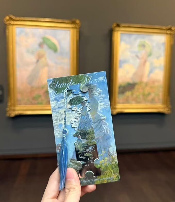 Metal Bookmarks with Tassel, Sliver Hollow Bookmark Monet Oil Painting Theme Bookmarks Art Bookmark for Book Lovers Writers Readers Children Teens Men Women Adults (Woman with Parasol)