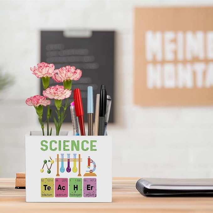 Science Pencil Holder Decor Chemistry Teacher Gifts Chemical Theme Wooden Organizer Vase for Office Home Desk Table Bookshelf Teacher Appreciation Gifts for Office