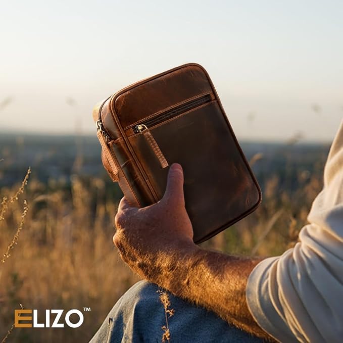 ELIZO Leather Bible Cover for Men Bible Case Women Holder Carrying Organizer Wrap Sleeve Protector Christian Religious Gift Cross Bookmark – Large Antique Brown