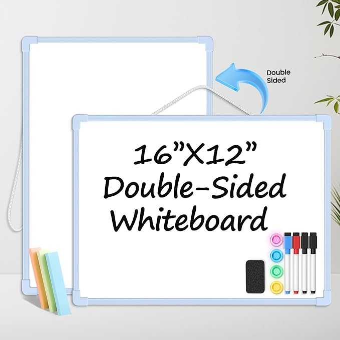 Blue Frame Small Dry Erase Board for Wall, 16" x 12" Double-Sided Hanging Whiteboard with 4 Markers, 4 Magnets and 3 Mini Sticky Notes, Portable Whiteboard for Home, Office, School