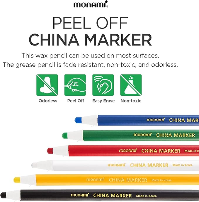 MONAMI Peel Off China Markers, Red, 12 Count, Fade & Moisture Resistant Wax Markers, Easy to Erase, for Glass, Metal, Porcelain & More