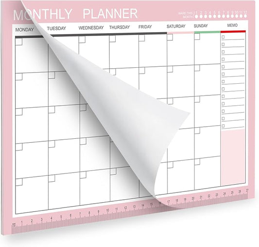 Phyxin Undated Planner, 54 Sheets Blank Calendar, 11.2" x 8.3" Monthly Calendar Planner, Tear Off Undated Monthly Planner with Memo for Women, Students, Teachers, Pink