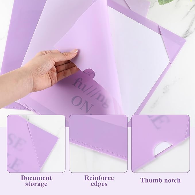 Kisston 15 Pack Purple Clear Plastic Folders Sleeves Project Pockets for Letter Size 12.1x8.8, L-Shaped Transparent File Jacket for School Office Desk Supplies