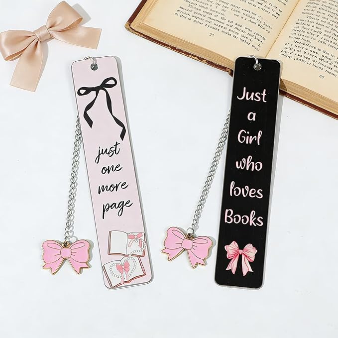 Pink Bow Metal Bookmark Gift Silver Chain Pendant with Bow for Women's Christmas Gift Book Lover Book Accessories School Supplies Office Stationery (Pink Bow Bookmark 2PCS)