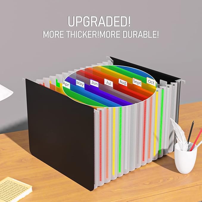 TOPCJ Expanding Hanging File Folders,Plastic Expandable Hanging Folder Letter Size,Filing Cabinet,13 Innovative Accordion Pocket,Alphabetical Tab,Large Capacity,Durable File Organizer 4 Colored