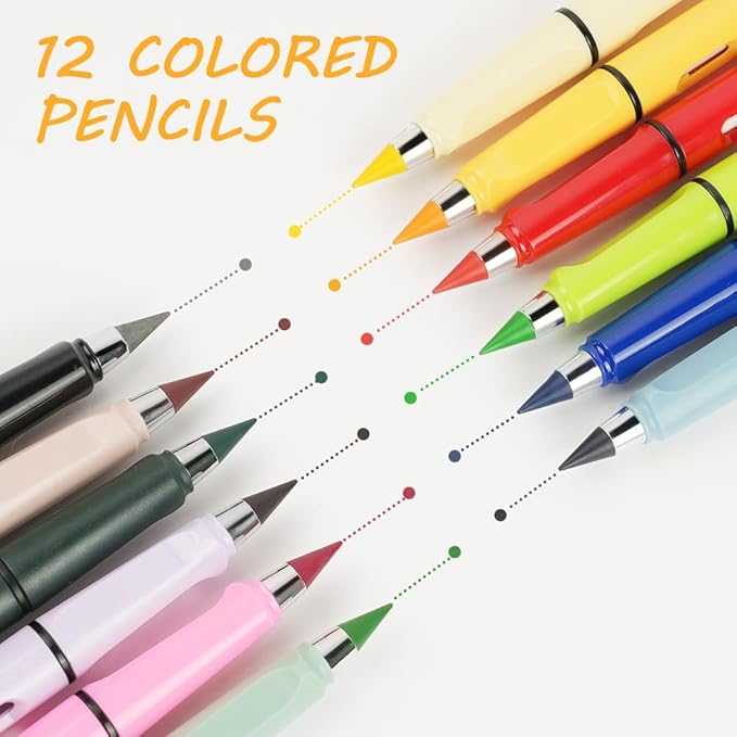 Ainiv Colored Inkless Pencil, 12 Sets No Sharpen Infinity Pencil Reusable Everlasting Pencils with Extra 12 Color Replaceable Nibs Forever Pencils for Writing Drawing Home Office Supplies