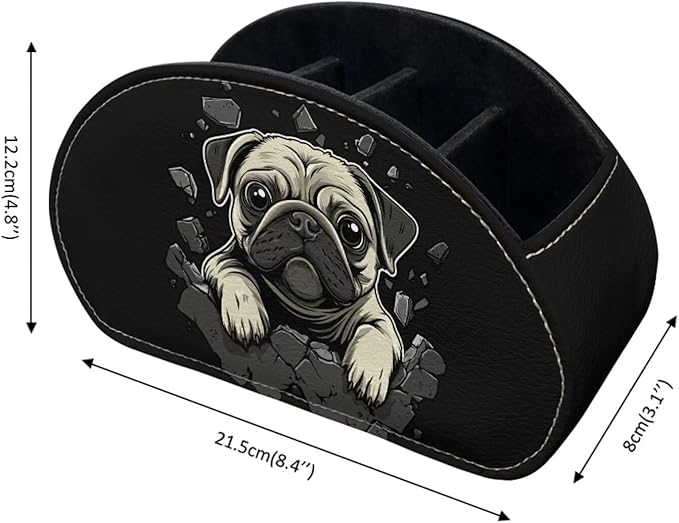 Forchrinse Pug Print Remote Control Holder for Table,PU Leather TV Remote Caddy Desk Organizer-5 Compartments Storage Box Tray for Controller,Art Supply,Office Stationery