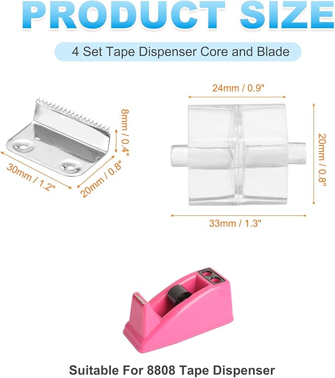 PATIKIL 4 Set Tape Dispenser Core and Blade, Replacement Core and Replacement Blade for 8808/8809 Tape Dispenser for Home Office Warehouse Wrapping Packaging Mailing Shipping