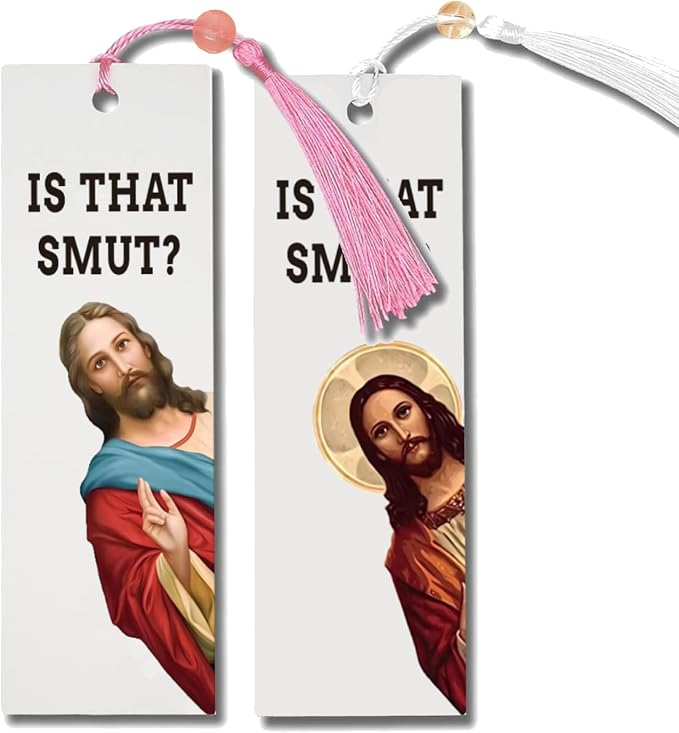 2 Pack Peeking Jesus is that Smut?Bookmark Inscribed with Hilarious Text and Tassels for Book Lovers,Funny Bookmarks for Adults Humor(Pink&White)