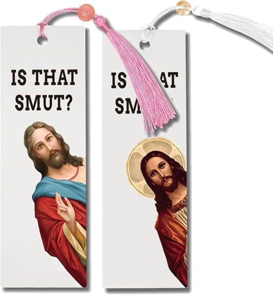 2 Pack Peeking Jesus is that Smut?Bookmark Inscribed with Hilarious Text and Tassels for Book Lovers,Funny Bookmarks for Adults Humor(Pink&White)