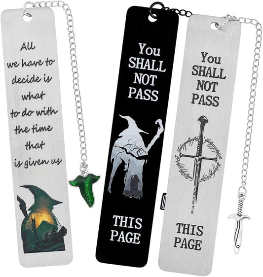 3Pcs Fantasy LOTR Metal Bookmarks Set, Elvish Leaf Pendant with Sword Charm, Evenstar Engraving, Epic Quotes Carved, Dark Academia Book Accessories, Gifts for Readers (Gandalf)