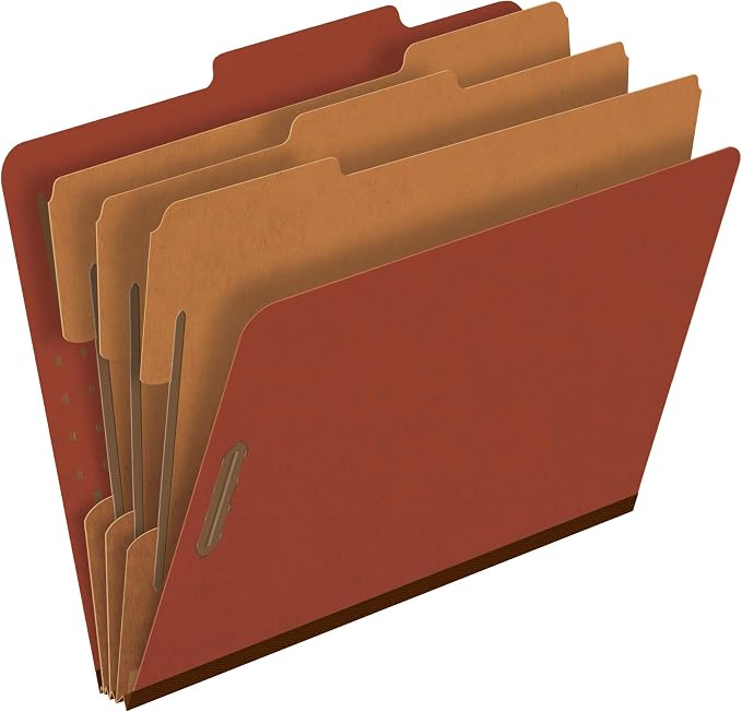 Pendaflex Pressboard Classification File Folders, 3 Dividers, 2" Embedded Fasteners, 2/5 Tab Cut, Letter Size, Red, Box of 10 (1357R)