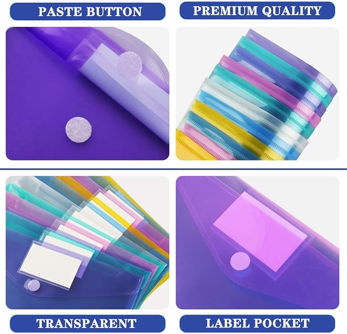 6 Pack Plastic Poly Filing Envelopes, Clear Document Folders US Letter A4 Size File Envelopes with Label Pocket & Paste Button for School Home Work Office Organization, 6 Assorted Color