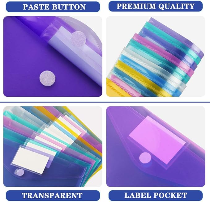 24 Pack Plastic Poly Filing Envelopes, Clear Document Folders US Letter A4 Size File Envelopes with Label Pocket & Paste Button for School Home Work Office Organization, 6 Assorted Color