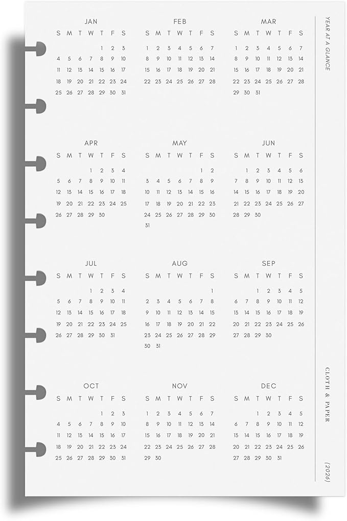 Cloth & Paper 2026 Year At A Glance Single Page Dashboard | Half Letter 8 Disc Punch, 5.5 x 8.5 Inches | Transparent Vellum, Pre-Punched, Fits Large Folio, Full Year Calendar Insert for Planners