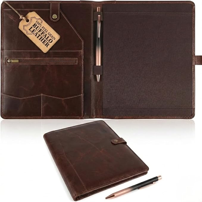 PIDAVLIYA'S Leather Portfolio, Leather Binder with Pen, Leather Portfolio for Men and Women, Leather Padfolio, Leather Folder, Portfolio Binder, Business Portfolio Men and Women (Shine Brown)