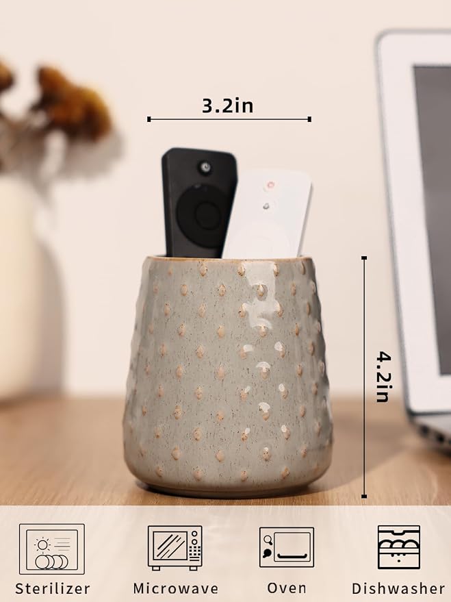 GDCZ Ceramic Remote Control Holder, Remote Caddy Organizer Storage, Remote Organizer for Table, TV Remote Holder, Makeup Brush Pen Holder, 4.2" (Grey)