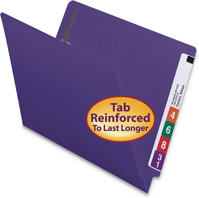 Smead End Tab Fastener File Folder, Shelf-Master® Reinforced Straight-Cut Tab, 2 Fasteners, Letter Size, Purple, 50 per Box (25440)