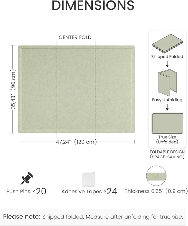 Fluxynara Bulletin Board,47.2" × 35.4" Cork Board Alternative with 24 Safe Removable Adhesive Tabs, Foldable Felt Pin Board for Home Office, Classroom, Bedroom,Entryway for Walls—Sage