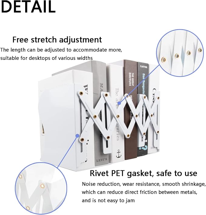 Adjustable Metal Bookends Heavy Duty for Shelves, 2 Dividers, Anti-Slip Design Expandable Book Ends for Desk, Office(White, 19 inches Max)