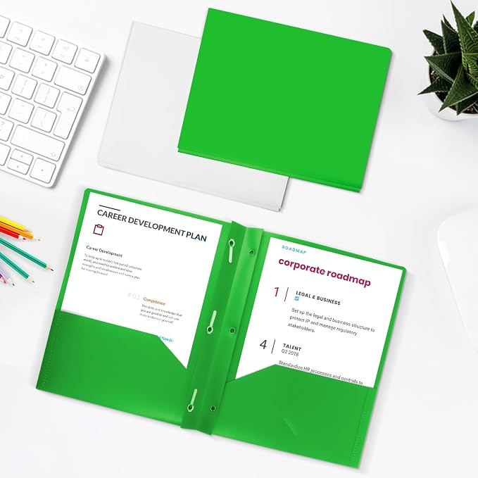 12-Pack Plastic Folders with Pockets and Prongs, 2-Pocket Poly Folders with 3 Fasteners Holds 8-1/2" x 11" Paper for School/Office/Home, Green