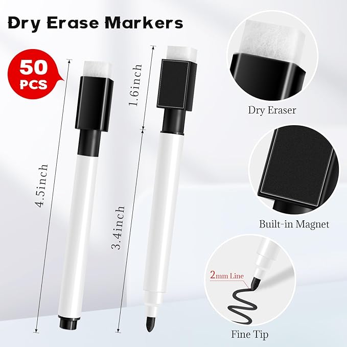 50 Pcs Black Magnetic Dry Erase Markers, 4.5 Inch Black Magnetic Whiteboard Pens with Eraser Cap, Fine Tip Whiteboard Markers Bulk for School, Office, Home Supplies