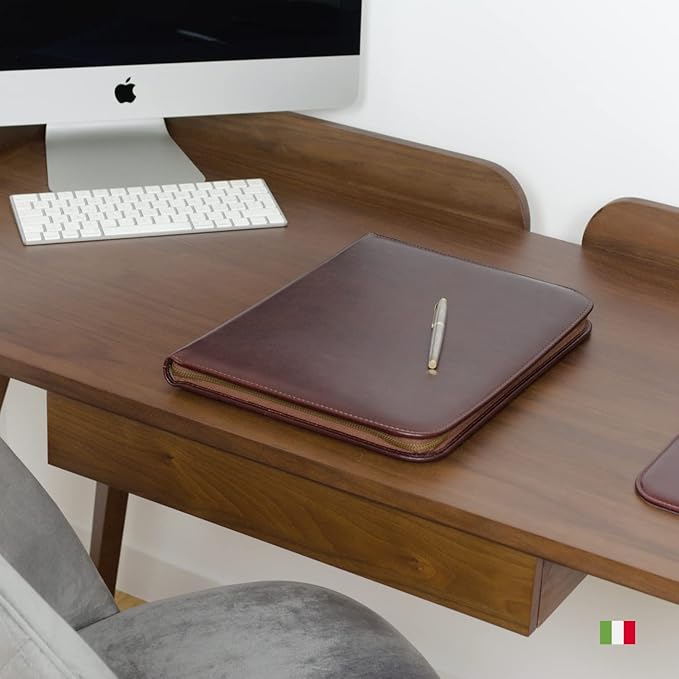 Personalized Maruse Leather Portfolio Padfolio - Executive Folio for Men and Women with Zipper, Folio Document Organizer, Laptop Sleeve, iPad Case and Folder - Made in Italy, Monogram Brown