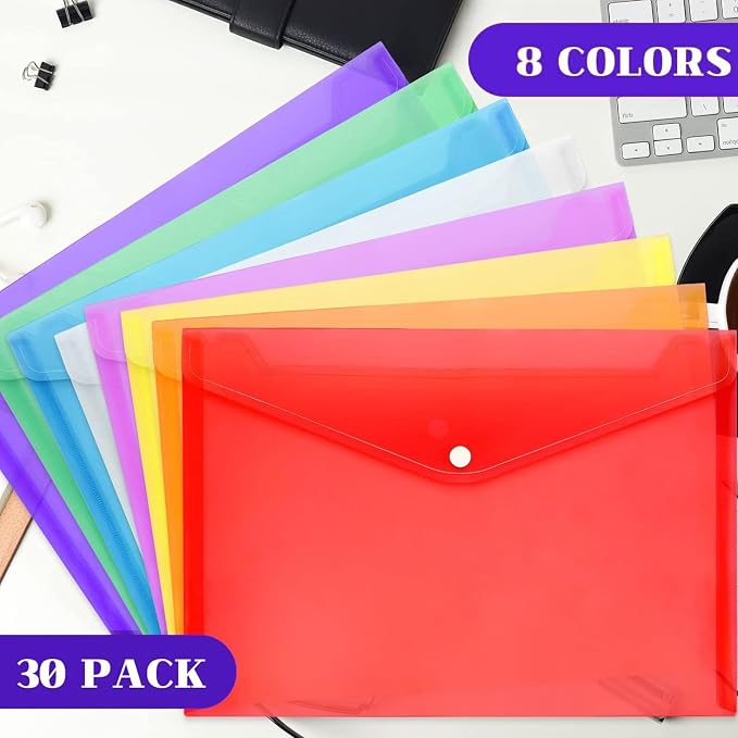 50pcs Plastic Envelopes,Clear Poly Envelopes,Document Folders with Snap Button Closure,Document Folders Letter A4 Size File Envelopes for School Home Work Office Organization(8 Assorted Color)