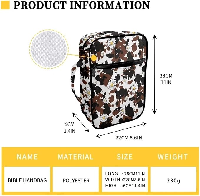 Coldinair Daisy Bible Cover for Women,Canvas Carrying Book Case Brown Cow Print Church Bag Bible Holder with Handle and Zippered Pocket