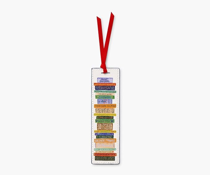 RIFLE PAPER CO. Book Club Bookmark 6" L x 1.75" W, Saffiano PU with a Grosgrain Ribbon, Metallic Gold Foil Logo, Perfect for Book Lovers, Writers, & Readers