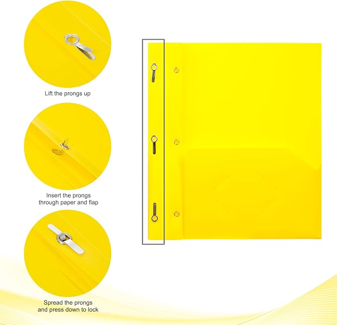 ViVin Plastic Folders with Pockets and Prongs,6 Pack,Heavy Duty 2-Pocket File Folder with 3 Fasteners,Fits Letter Size Paper,for School Home and Office(Bright Yellow)