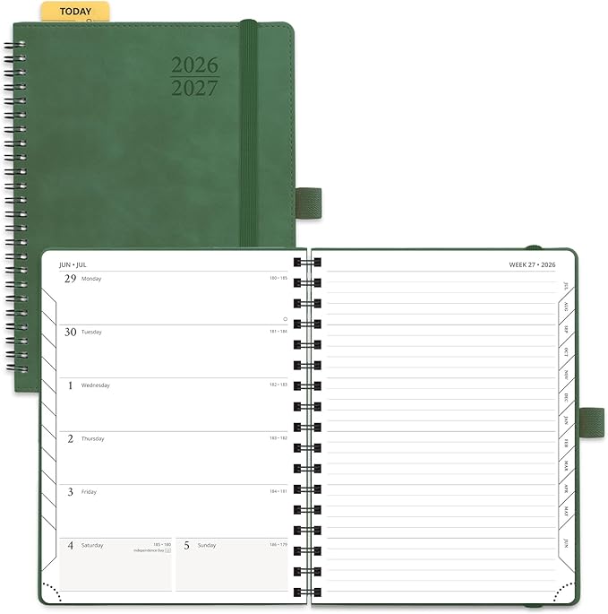 POPRUN Weekly Planner 2026-2027, 6.5" x 8.5", (July 26-June 27) Academic Weekly and Monthly Planner, Calendar Notebook 2026-2027 Agenda for School, College, Spiral Leather Softcover - Green