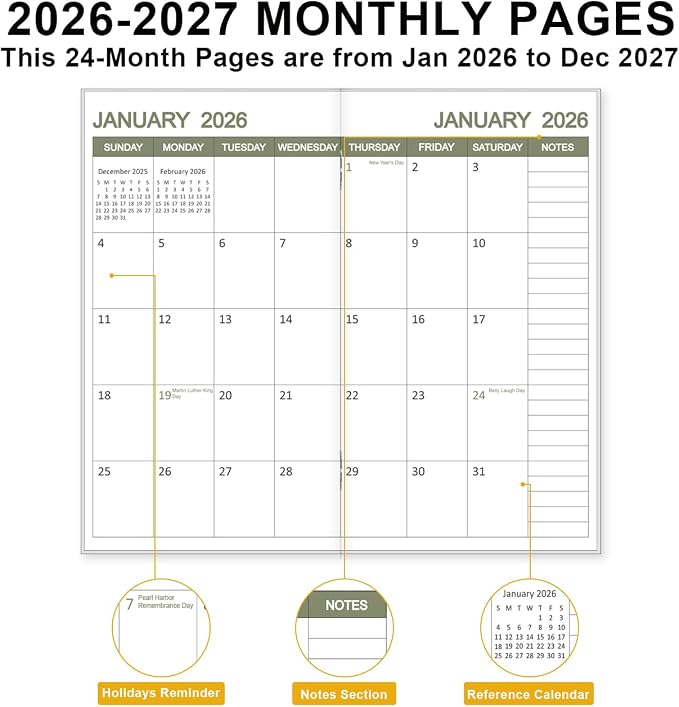 2026-2027 Pocket Calendar for Purse – Mini Monthly Planner from January 2026 to December 2027, 2 Year Monthly Calendar for Organizing & Planning, 3.5" x 6.5", Leaf Flower