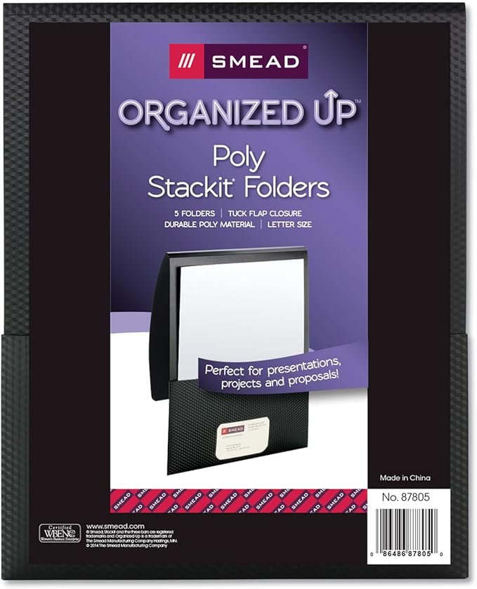 Smead Organized Up Poly Stackit Folders, Letter Size, Black, 5 per Pack (87805)
