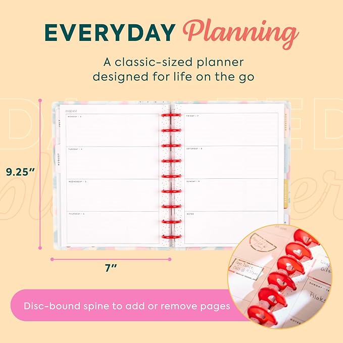 Happy Planner Disc Bound Planner July 2026–June 2027, Includes 3 Extra Months and 2 Sticker Sheets, Classic Size, 7" x 9.25", Horizontal Layout, Strawberry Picnic